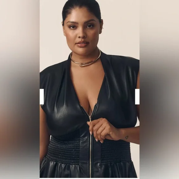 Anthropologie Tommie Cap-Sleeve Smocked Front-Zip Shirt Dress: Faux-Leat… - Picture 6 of 13